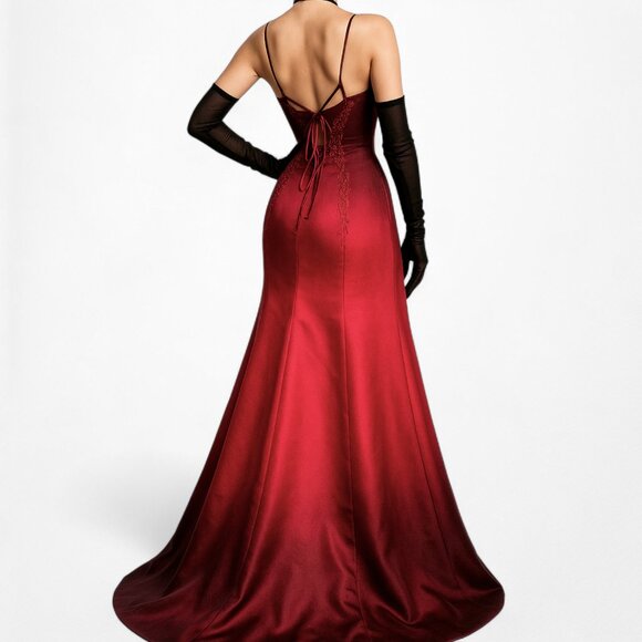 Vintage Y2K Burgundy Red Fit Flared Beaded Ombre Maxi Formal Prom Dress Size M - Picture 3 of 7